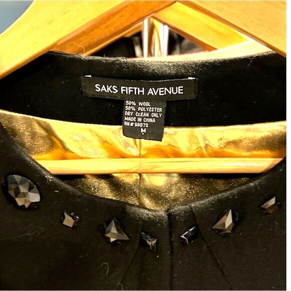 SAKS FIFTH AVENUE Black Cropped Short Blazer Shrug Gold Lined Beaded Wool - Picture 2 of 13